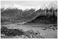 Kennicott river and Wrangell mountains. Wrangell-St Elias National Park, Alaska, USA. (black and white)