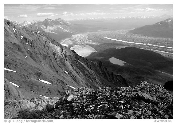 Mountain landscape with glacier seen from above. Wrangell-St Elias National Park (black and white)
