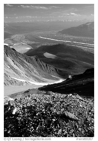 Junction of Kennicott and Root glaciers seen from Donoho Peak, late afternoon. Wrangell-St Elias National Park (black and white)