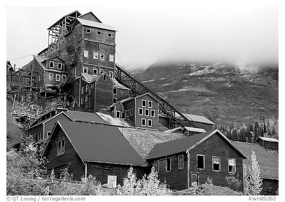 Kennicott historic copper mine and clouds. Wrangell-St Elias National Park (black and white)