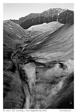 Root Glacier with glacial stream, and mountains. Wrangell-St Elias National Park (black and white)