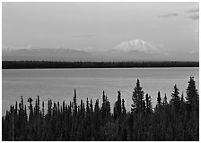 Wrangell range and Mt Blackburn above Willow Lake with pink sunset hues. Wrangell-St Elias National Park ( black and white)