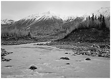 Kennicott River and snow-covered Bonanza ridge. Wrangell-St Elias National Park ( black and white)