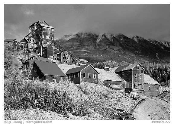 Kennecott abandonned mining buildings. Wrangell-St Elias National Park (black and white)
