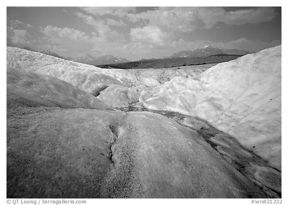 Root Glacier with stream on ice. Wrangell-St Elias National Park (black and white)