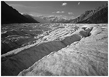 Crevasses and Root Glacier, afternoon. Wrangell-St Elias National Park, Alaska, USA. (black and white)