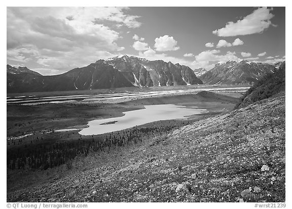 Kennicott Glacier and lake in the distance. Wrangell-St Elias National Park (black and white)