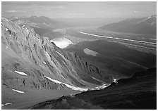 View over hazy Chugach mountains and Kennicott Glacier from Mt Donoho. Wrangell-St Elias National Park ( black and white)