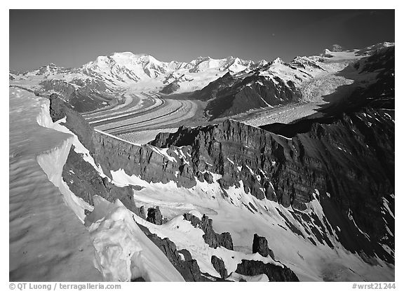 Corniche and view of glaciers and Mt Blackburn range. Wrangell-St Elias National Park (black and white)