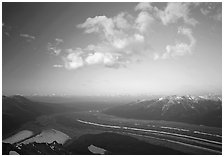 Kennicott Glacier, Chugach mountains, and clouds from Mt Donoho, sunrise. Wrangell-St Elias National Park ( black and white)