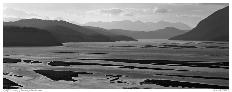 Riverbed of huge size with sand bars. Wrangell-St Elias National Park (black and white)