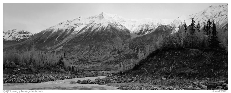 Autumn mountain landscape with snowy peaks above river and trees. Wrangell-St Elias National Park (black and white)