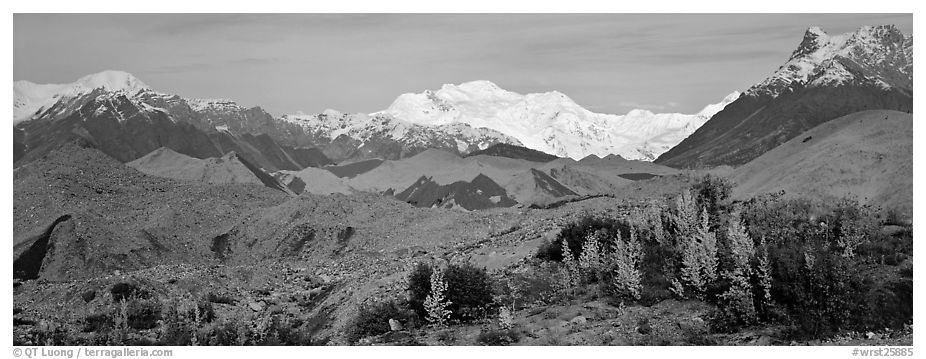 Moraines and snowy mountains. Wrangell-St Elias National Park (black and white)