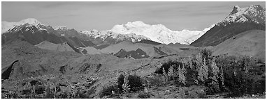 Moraines and snowy mountains. Wrangell-St Elias National Park (Panoramic black and white)