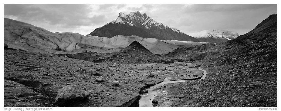 Glacial landscape with stream and moraine. Wrangell-St Elias National Park (black and white)