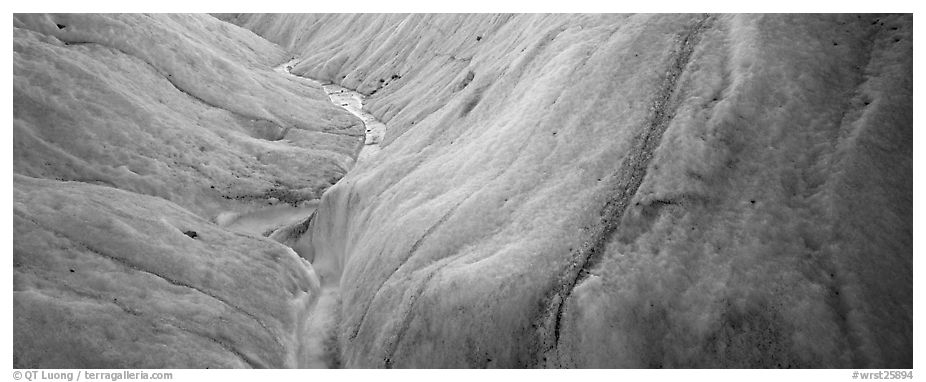 Stream and ice close-up on glacier. Wrangell-St Elias National Park (black and white)