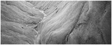 Stream and ice close-up on glacier. Wrangell-St Elias National Park (Panoramic black and white)