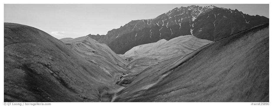Glacial forms and rocky mountain. Wrangell-St Elias National Park (black and white)