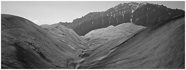 Glacial forms and rocky mountain. Wrangell-St Elias National Park (Panoramic black and white)
