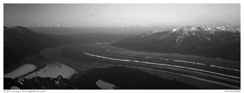 Elevated view of glacier terminal section and mountains. Wrangell-St Elias National Park (black and white)