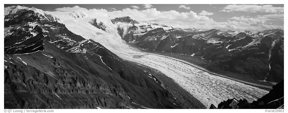 Elevated view of glacier descending from mountain. Wrangell-St Elias National Park (black and white)