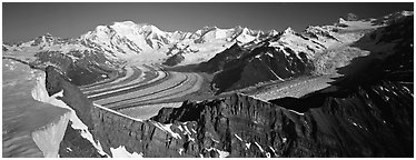 High mountain landscape with glaciers and snow-covered peaks. Wrangell-St Elias National Park (Panoramic black and white)