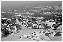 Aerial view of icefields and mountains, St Elias range. Wrangell-St Elias National Park, Alaska, USA. (black and white)