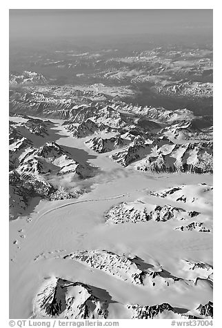 Aerial view of glaciers and mountains, St Elias range. Wrangell-St Elias National Park (black and white)