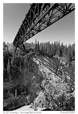 Bridge over Kuskulana canyon and river. Wrangell-St Elias National Park (black and white)