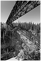 Bridge over Kuskulana canyon and river. Wrangell-St Elias National Park, Alaska, USA. (black and white)