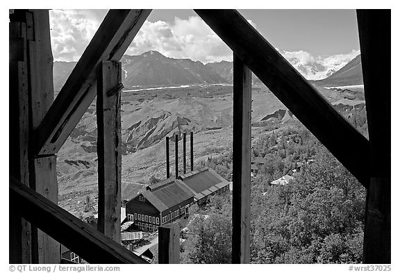 Kennecott power plant and Root Glacier seen from the Mill. Wrangell-St Elias National Park (black and white)