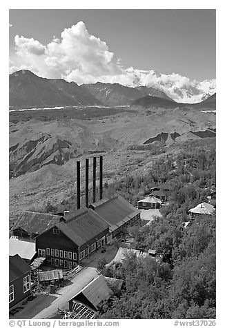 Kennecott power plant, Root Glacier moraines, and Mt Blackburn. Wrangell-St Elias National Park (black and white)