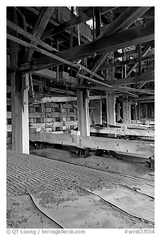 Shaking tables in the Kennecott concentration plant. Wrangell-St Elias National Park (black and white)