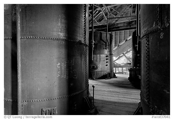 Tanks for Ammonium leeching Kennecott smelting plant. Wrangell-St Elias National Park (black and white)