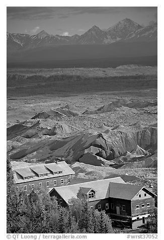 Kennecott mill town buildings and moraines of Root Glacier. Wrangell-St Elias National Park, Alaska, USA.