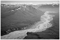 Aerial view of valley with wide braided river. Wrangell-St Elias National Park, Alaska, USA. (black and white)