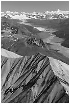 Aerial view of Nizina River and Glacier. Wrangell-St Elias National Park, Alaska, USA. (black and white)