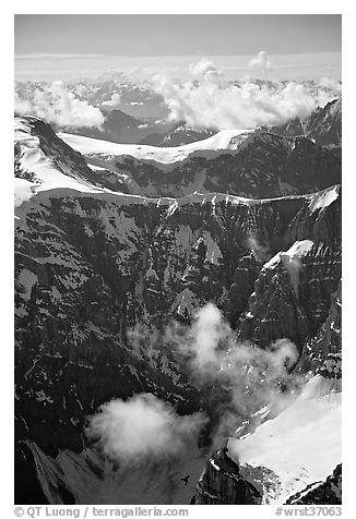 Aerial view of steep rock mountain faces. Wrangell-St Elias National Park (black and white)
