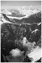 Aerial view of steep rock mountain faces. Wrangell-St Elias National Park ( black and white)