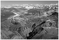 Aerial view of Chitistone Mountains and Nizina Glacier. Wrangell-St Elias National Park, Alaska, USA. (black and white)