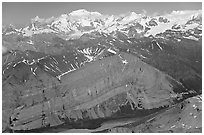 Aerial view of Mile High Cliffs and Mt Blackburn. Wrangell-St Elias National Park, Alaska, USA. (black and white)