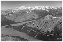 Aerial view of Mile High Cliffs and Chizina River. Wrangell-St Elias National Park, Alaska, USA. (black and white)