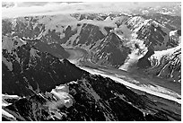Aerial view of glacier, University Range. Wrangell-St Elias National Park, Alaska, USA. (black and white)