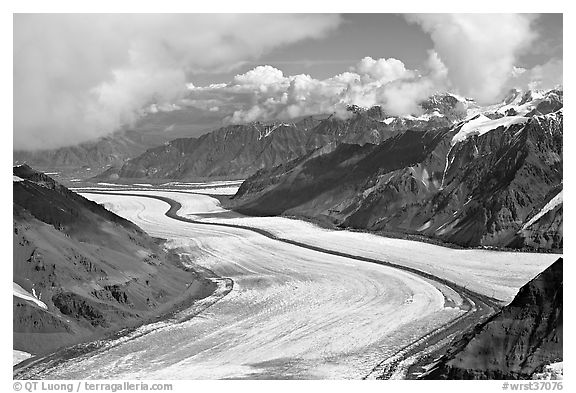 Aerial view of Barnard Glacier and median moraine. Wrangell-St Elias National Park (black and white)