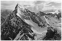 Aerial view of pointed icy peak, University Range. Wrangell-St Elias National Park, Alaska, USA. (black and white)