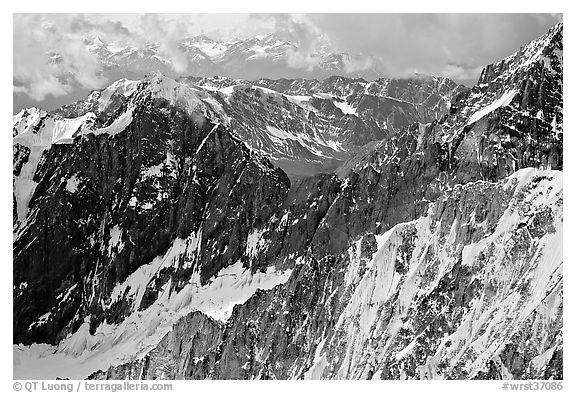 Aerial view of rugged peaks in the University Range. Wrangell-St Elias National Park (black and white)