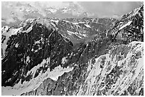 Aerial view of rugged peaks in the University Range. Wrangell-St Elias National Park, Alaska, USA. (black and white)