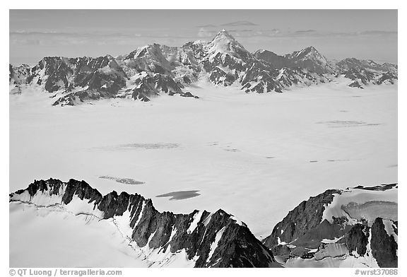 Aerial view of snow-covered Bagley Field. Wrangell-St Elias National Park (black and white)