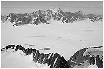 Aerial view of snow-covered Bagley Field. Wrangell-St Elias National Park, Alaska, USA. (black and white)