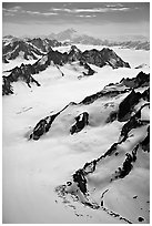 Aerial view of mountains with Mt St Elias in background. Wrangell-St Elias National Park, Alaska, USA. (black and white)